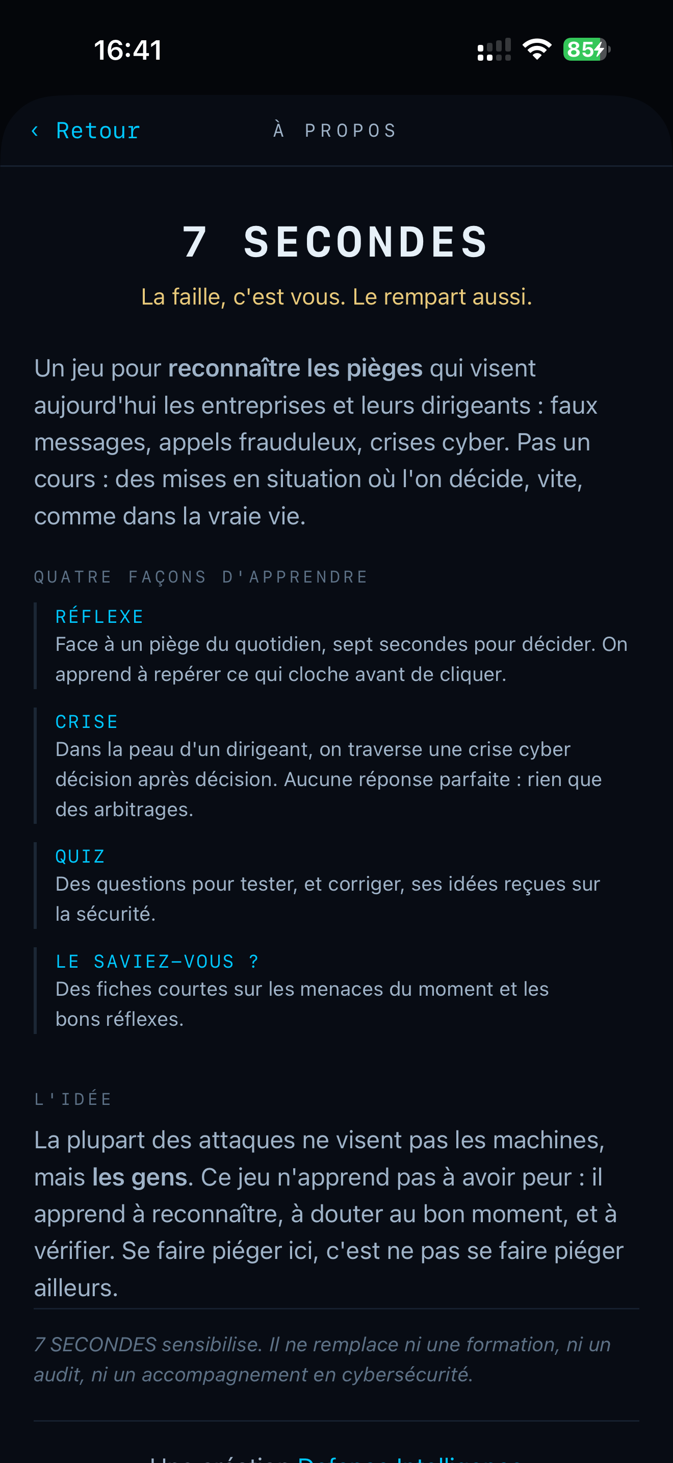 Écran À propos — présentation de 7 Secondes