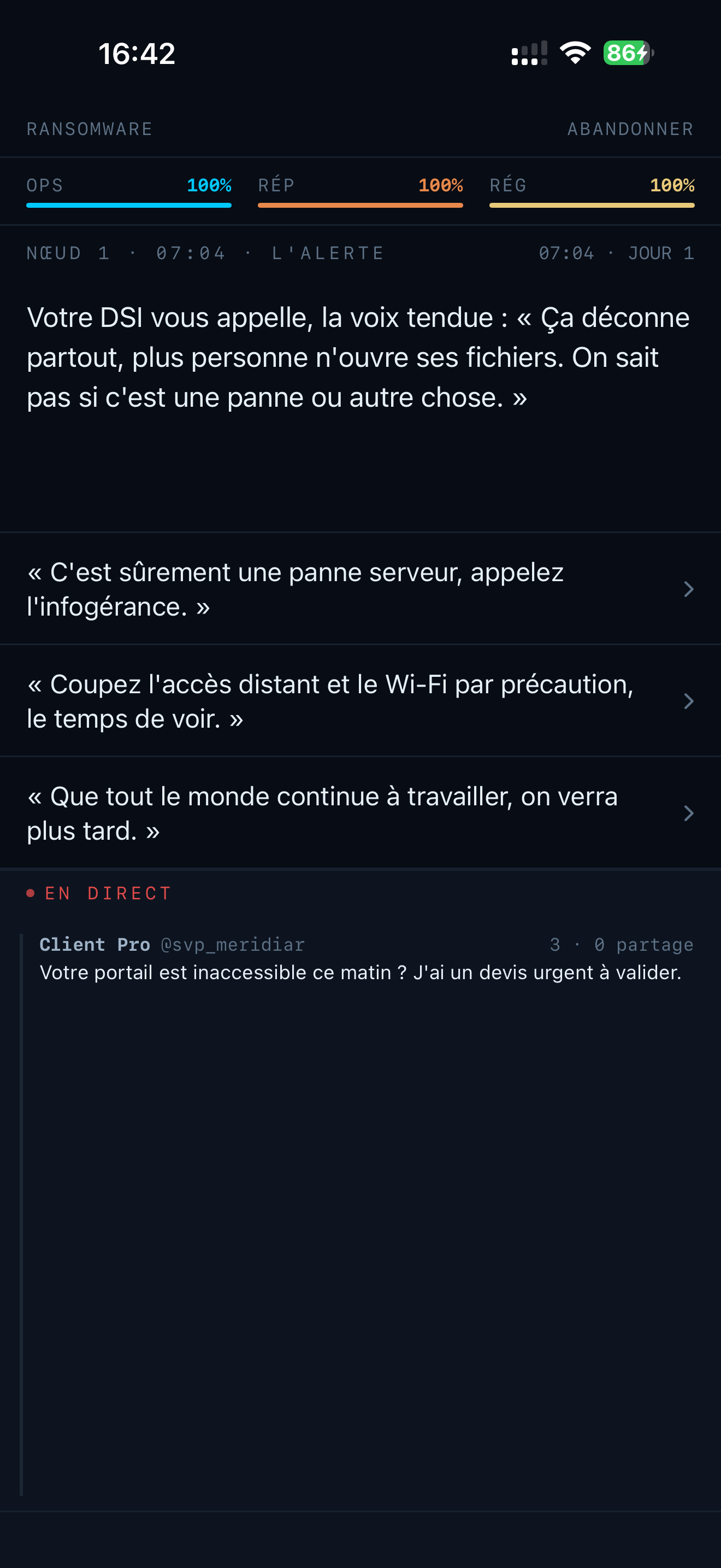 Mode Crise — scénario ransomware, alerte DSI