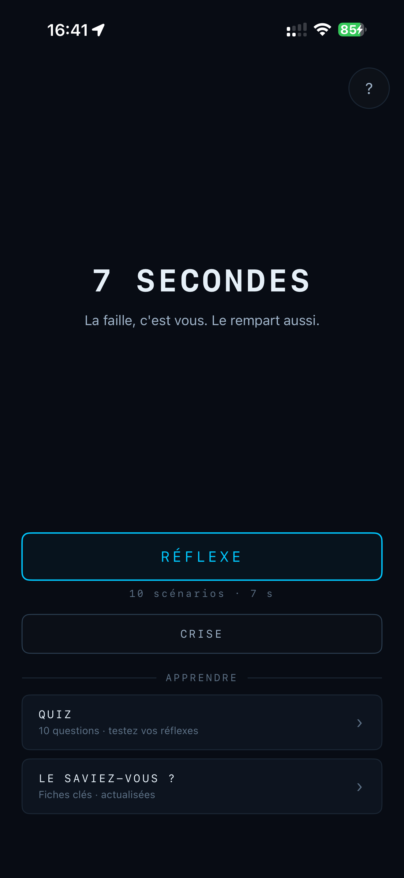 Écran d'accueil de 7 Secondes — les quatre modes de jeu