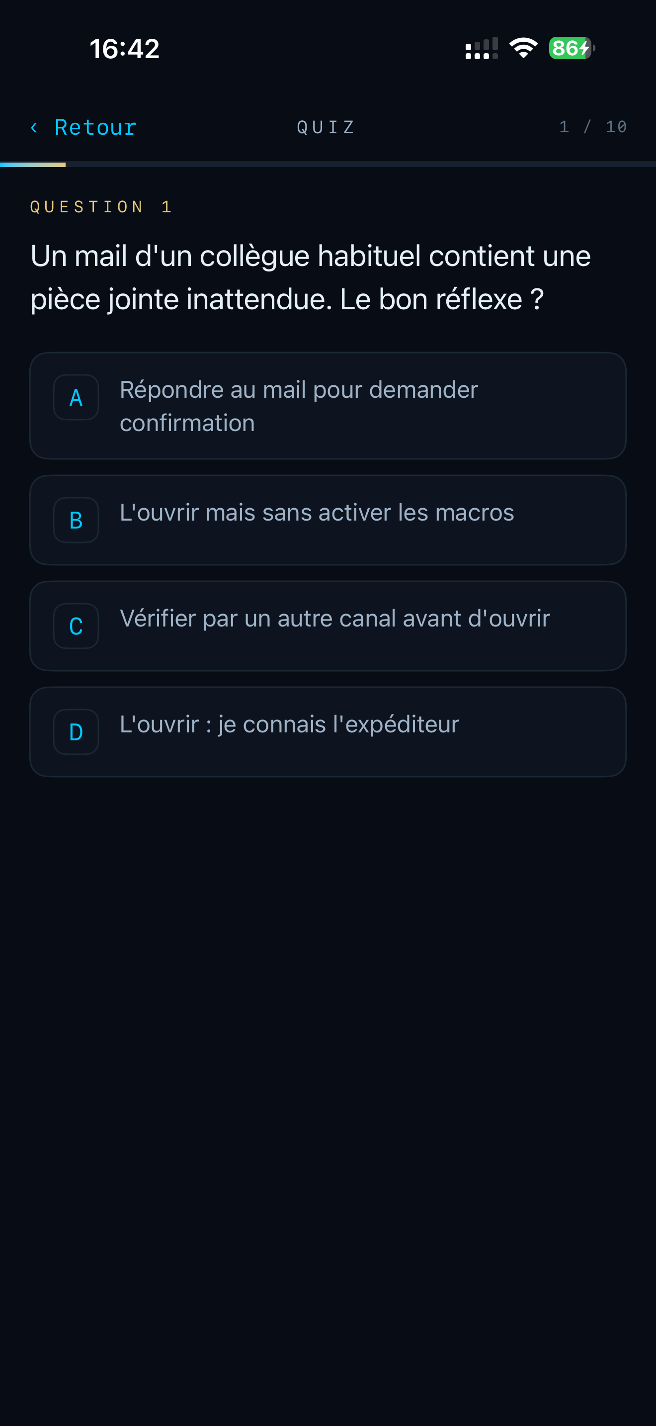 Mode Quiz — questions à choix multiples